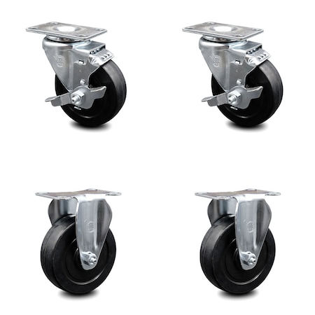Service Caster 4 Inch Soft Rubber Wheel Swivel Top Plate Caster Set with 2 Brake 2 Rigid SCC SCC-20S414-SRS-TLB-TP3-2-R-2